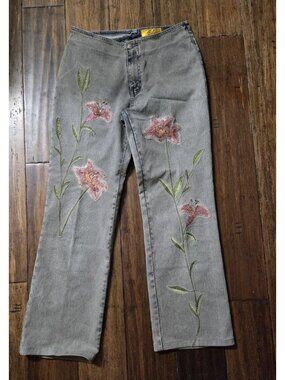 Anev Vintage Black Denim Jeans Floral Embelished Size M 6 Y2K Acid washed